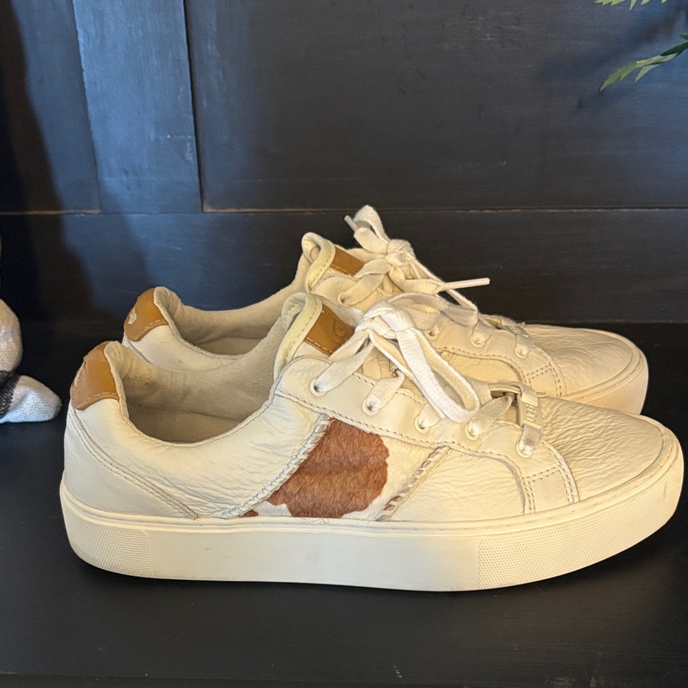 UGG Off White and Tan Dinale Cow Print Leather Casual Sneakers